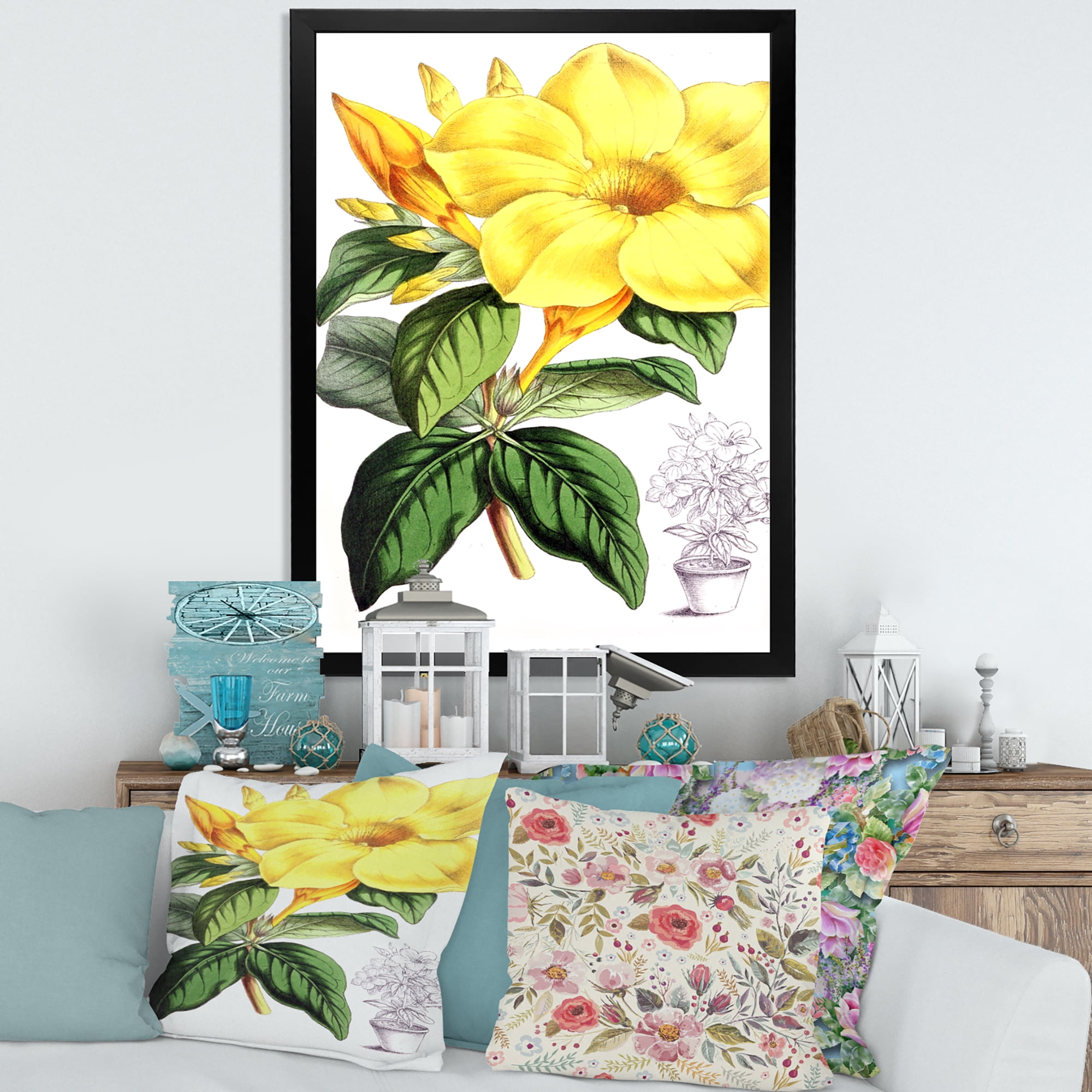 Designart 'Green Leaves With Tropical Yellow Flowers II' Traditional Framed Art Print