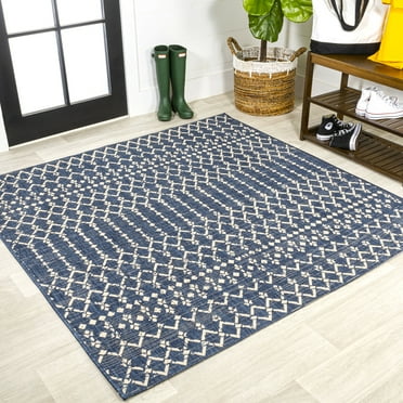 JONATHAN Y SMB108K-5SQ Ourika Moroccan Geometric Textured Weave Navy/Beige 5' Square Indoor/Outdoor Area Rug, Pet Friendly, Stain Resistant, Easy to Clean, for Patio, Living Room; Kitchen, Bedroom