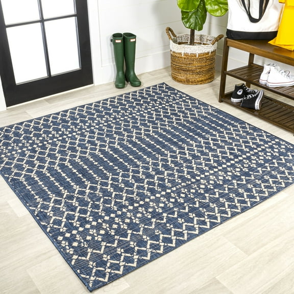JONATHAN Y SANTA MONICA 5' Square Area Rug, Ourika Moroccan Geometric Textured Weave - Navy/Beige, SMB108K-5SQ