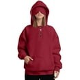 thumbnail image 6 of Trendy Hoodies for Women with Eye Mask 4-Button Plain Pullover Baggy Hooded Sweatshirt Pocket Travel Outfits, Red|Mask XL, 6 of 8