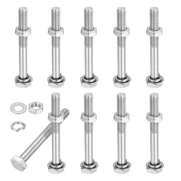 Uxcell M8x65mm perno hexagonal con tuercas, arandelas planas y arandelas de resorte, juego de 10, tornillos hexagonales de acero inoxidable, kit de surtido de pernos métricos de rosca gruesa parcial