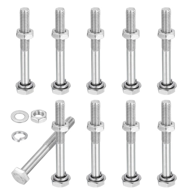 Uxcell M8x65mm perno hexagonal con tuercas, arandelas planas y arandelas de resorte, juego de 10, tornillos hexagonales de acero inoxidable, kit de surtido de pernos métricos de rosca gruesa parcial
