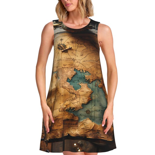 Disketp Antique Map Adventure Scene para Vestido sin Mangas para Mujeres, Vestidos de Verano para Mujeres, Casual y Holgado para la Playa