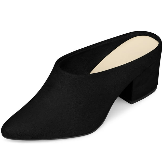 BLISSFUL STEP Women's Chunky Heels Pointed Toe Slip on Slide Mules Black US 9.5