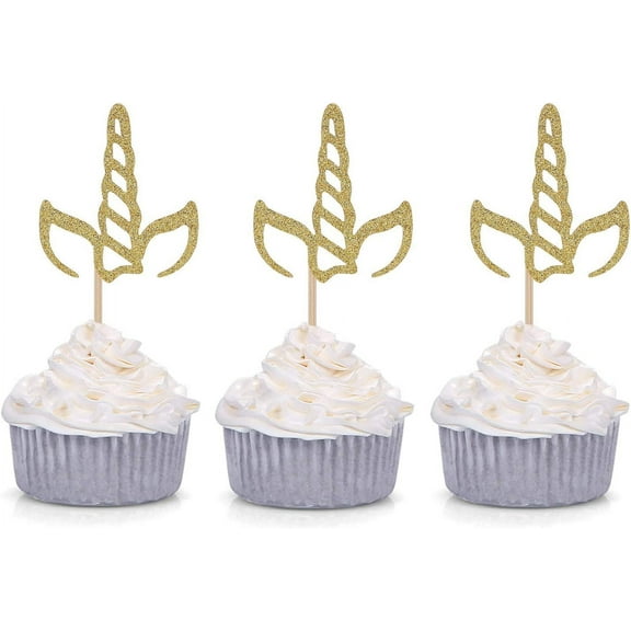 12pcs Golden Glitter Unicorn Horn Theme Cupcake Toppers Kid's Party Baby Shower Decors - by Giuffi