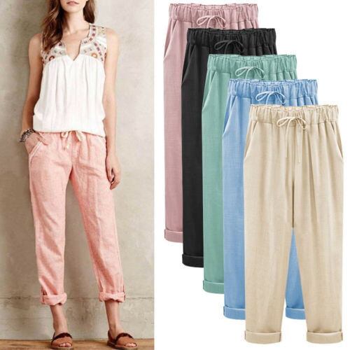 Women Cotton Linen Casual Harem Pants Elastic Waist Pockets Loose Trousers M-6XL 
