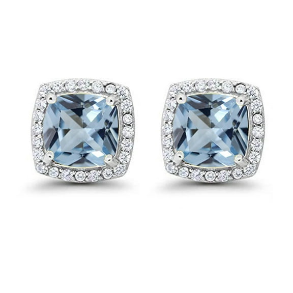 Paris Jewelry 14k White Gold Halo Princess Created Aquamarine Stud Earrings Plated