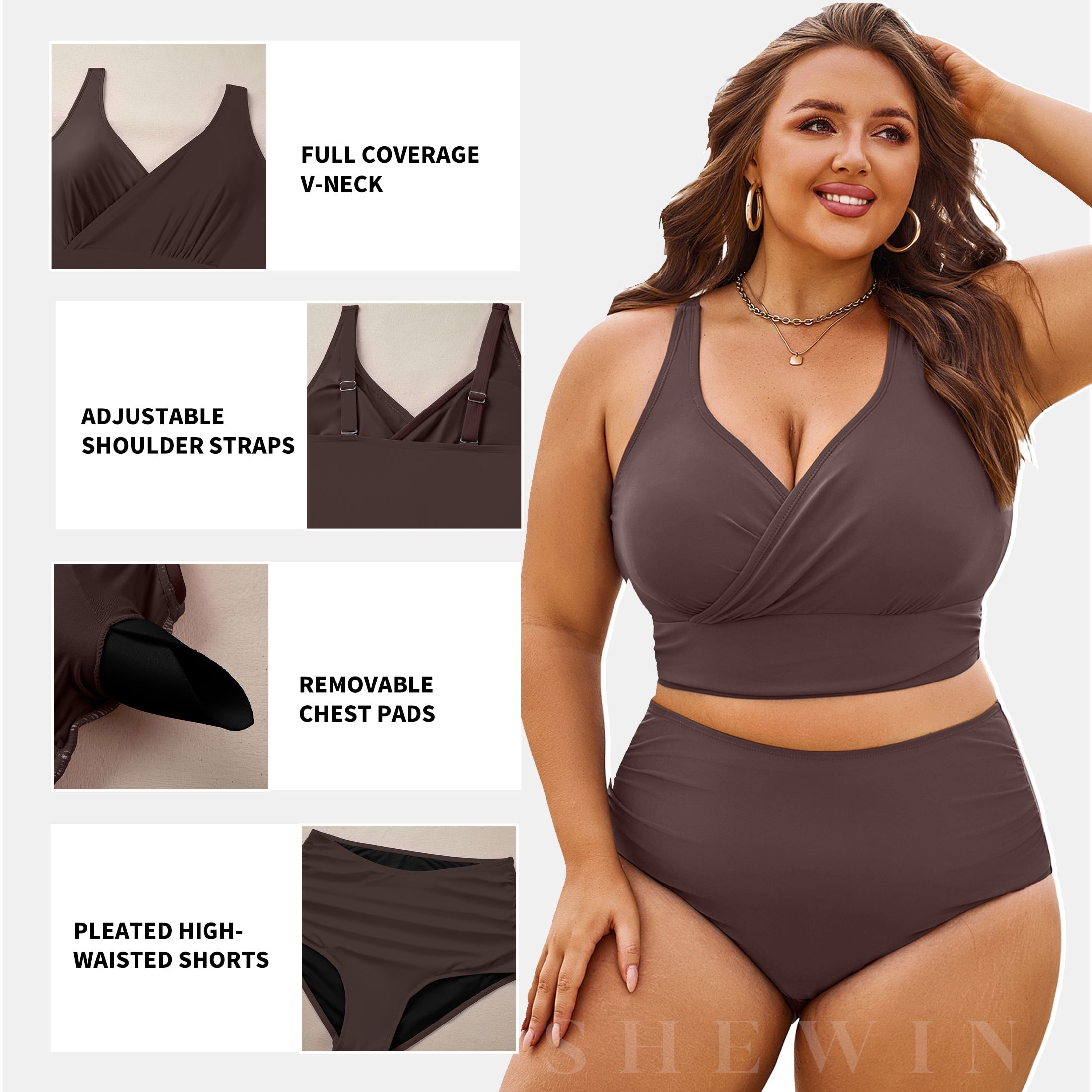 Plus Size Bikini Sets for Women Two Piece Bathing Suit Adjustable Straps Swimming Suits for Women Sporty Swimsuits Brown 2X - image 2