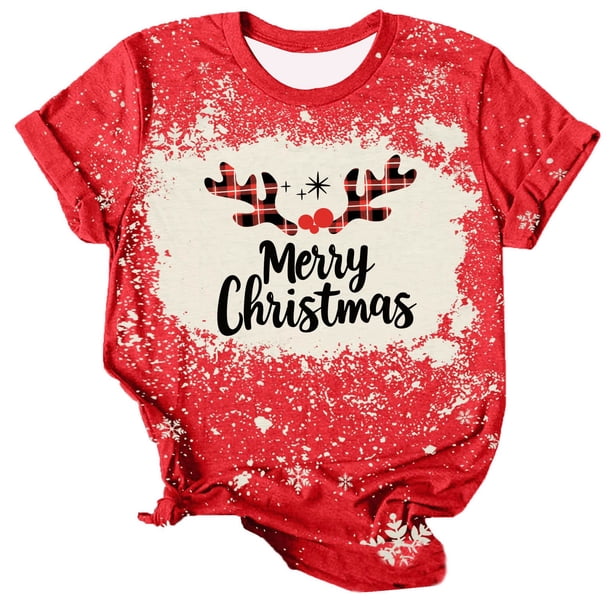 Navidad Tops de Mujer, Cuello Redondo Camiseta de Manga Corta con Estampado de Vacaciones, Blusa de Moda Casual