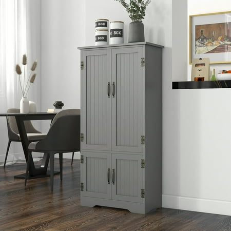 HOMCOM 48.5 Farmhouse Kitchen Pantry Floor Storage Cabinet Cupboard Organizer with Adjustable Shelves and 4-Doors for Dining Room Gray