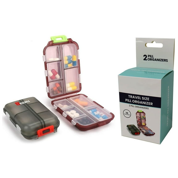 2-Pack Portable Pill Box Organizer with 10 Individual Compartments - Secure and Air-Tight Travel Medicine Container for Purse and Pocket - Food-Grade PP Plastic Material
