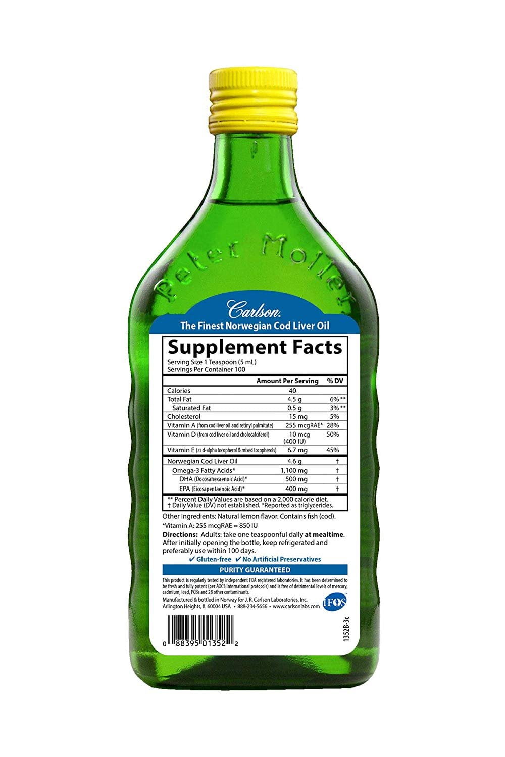Carlson - Cod Liver Oil, 1100 mg Omega-3s, Wild Norwegian, Sustainably Sourced, Lemon, 500 ml