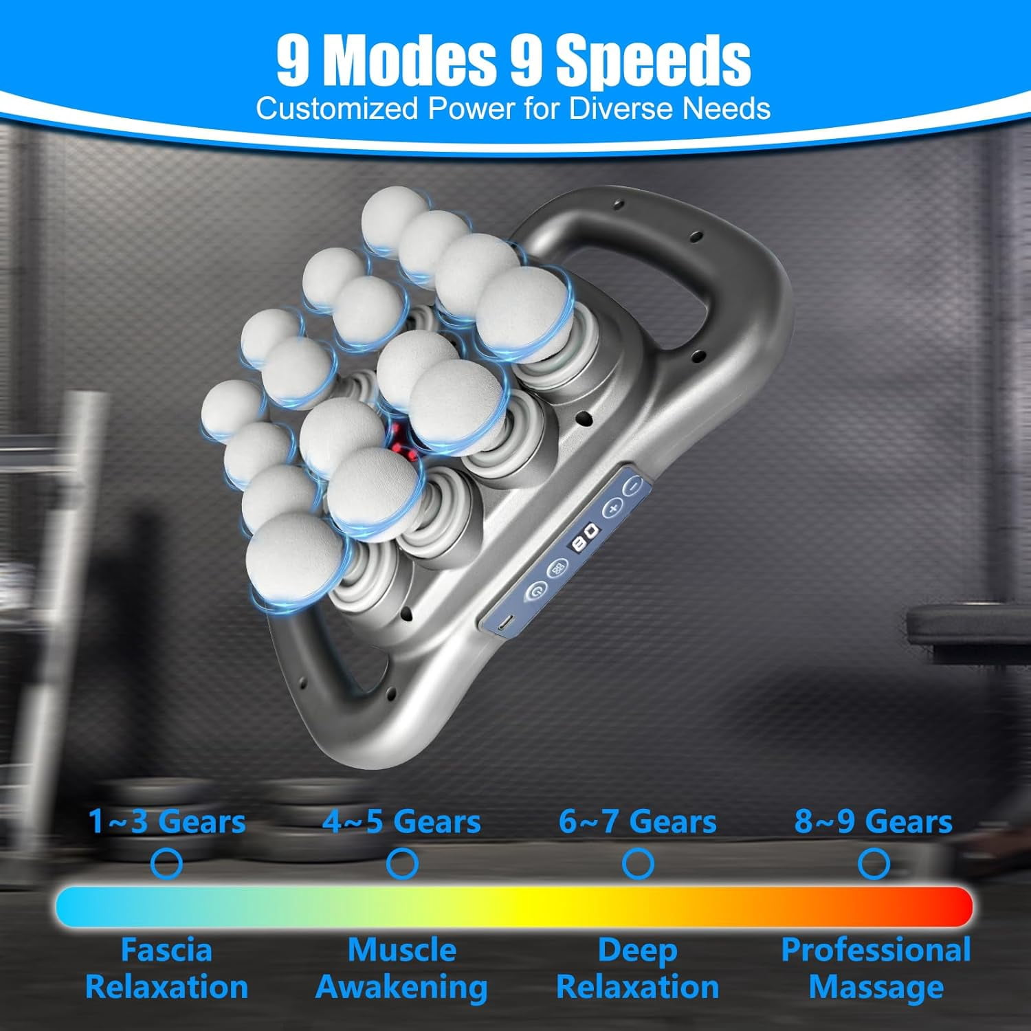 Deep Tissue Massage Gun with 16 Heads & 9 Speeds - High Power Percussion Massager for Full Body Muscle Relief