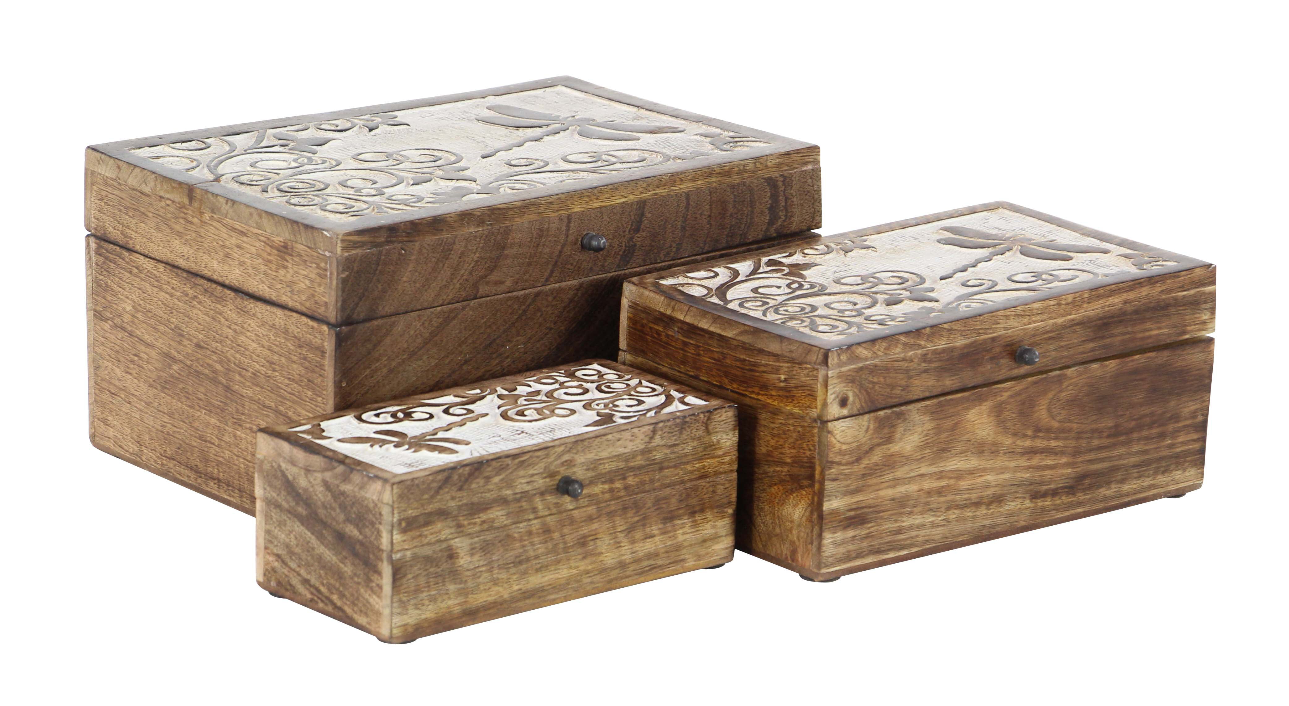 Decmode Set Of 3 Rustic Decor Mango Wood Storage Boxes With Carved
