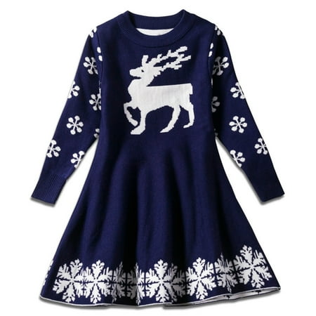 

HTGFGMGW Girls Dresses Little Girls Christmas Dress Reindeer Snowflake Xmas Gifts Winter Knit Sweater Dresses Dresses for Girls Blue
