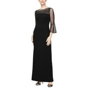 Alex Evenings Long Column Dress with Mesh Bell Sleeves and Heat Set Neckline (Womens, Black, 4)