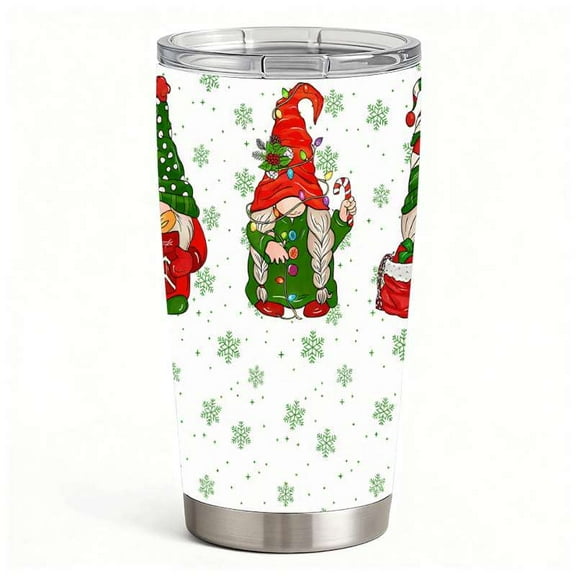 Christmas Gnome Insulated Tumbler with Lid, Holiday Snowflake Design Stainless Steel Double-Wall Travel Cup