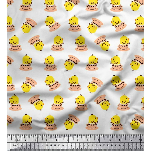 Soimoi Georgette Viscose Fabric Cup,Plate & Chick Cartoon Printed Fabric 1 Yard 42 Inch Wide