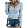 thumbnail image 1 of Tops de manga larga con cuello redondo para mujer, camiseta de viaje informal cómoda, camisetas ajustadas para mujer, empalme de botones de moda, otoño e invierno, nuevo, 1 of 5