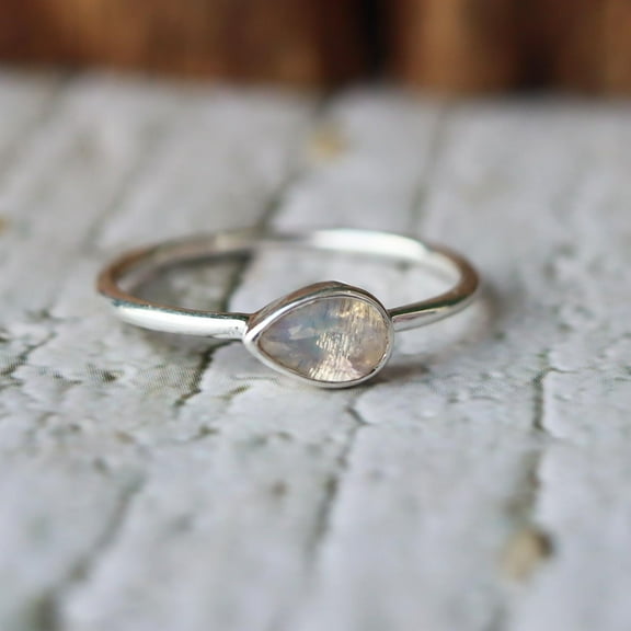 Pear Cut Rainbow Moonstone Ring: Dainty Sterling Silver