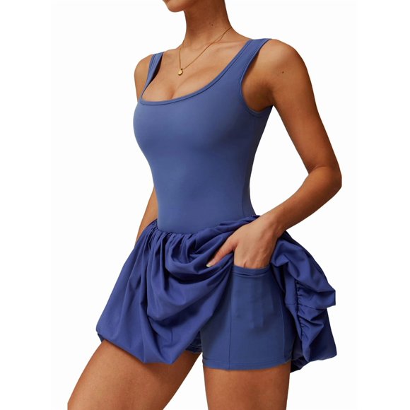 Womens Bubble Tennis Dress Squre Neck Sleeveless Workout Golf Athletic Dresses Build in Shorts with Pockets