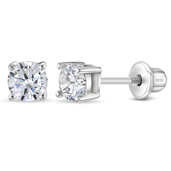 Boucles d'Oreilles à Vis Rondes en Argent Sterling 925 avec Oxydes de Zirconium 4 mm pour Tout-Petits et Petites Filles