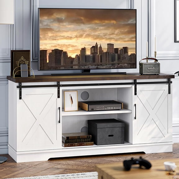 Farmhouse TV Stand, Entertainment Center for 65 Inch TV Media Console Table, White Barn Door TV Stand with Storage and Shelves, Modern TV Console Cabinet Furniture for Living Room