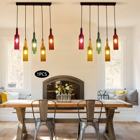 Retro 5-Light Wine Bottle Pendant Lamp for Restaurants Bars, E27 Lamp Holder, Ceiling Light Fixture