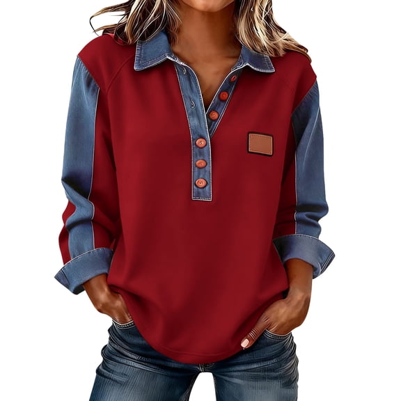 JSKUMAR Womens Denim Shirts Casual Collar Button up Patchwork Pullover Tops Vintage V Neck Fashion Jean Sweatshirts (Wine,XL)