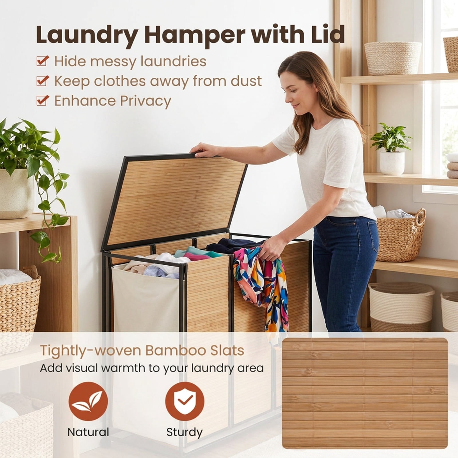 Vebreda Laundry Hamper with Lid, 21.4-Gallon 3-Section Laundry Sorter with 3 Removable Bags and 4 Wheels, Rolling Clothes Hamper, Natural