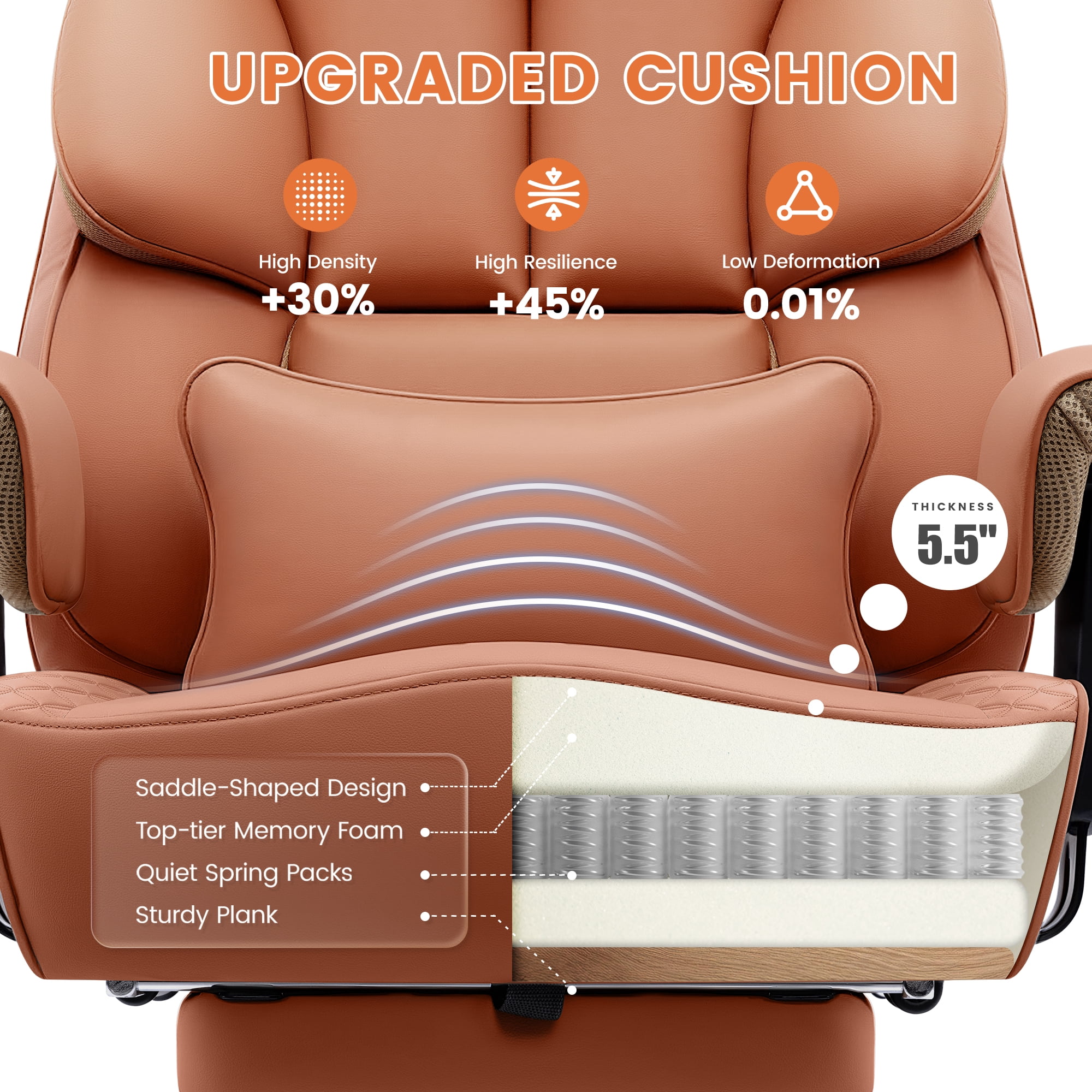 CoolHut Big and Tall Office Chair 400LBS, Adjustable Headrest Ergonomic Computer Desk Chair, Executive Leather Chair with Adjustable Armrest, High Back Office Chair Havy Duty Design, Brown