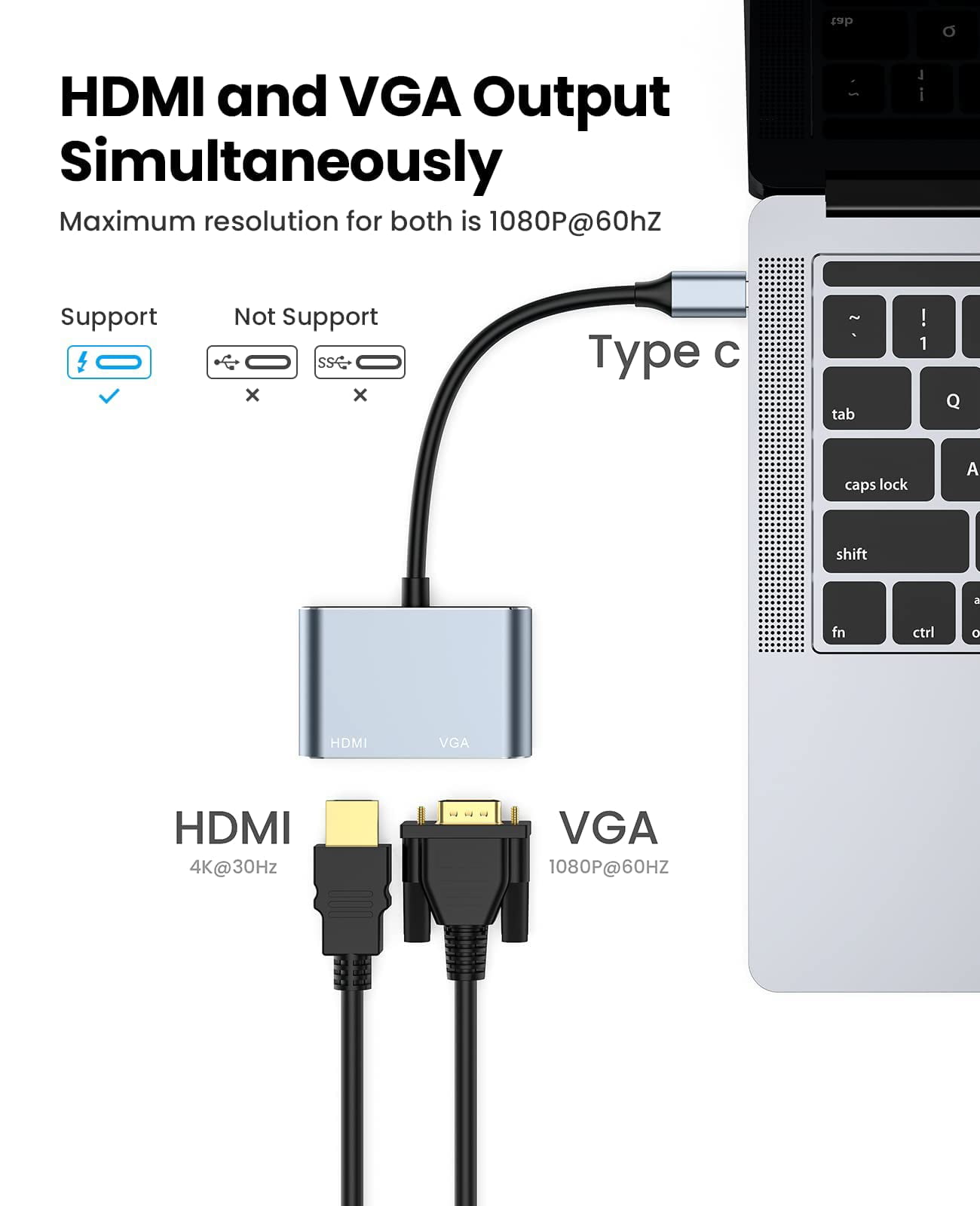 USB C to 4K HDMI-compatible VGA Adapter 4-in-1 Hub USB 3.0 OTG Charging  Power PD Port Compatible for MacBook Pro/Dell XPS/Samsung Galaxy 