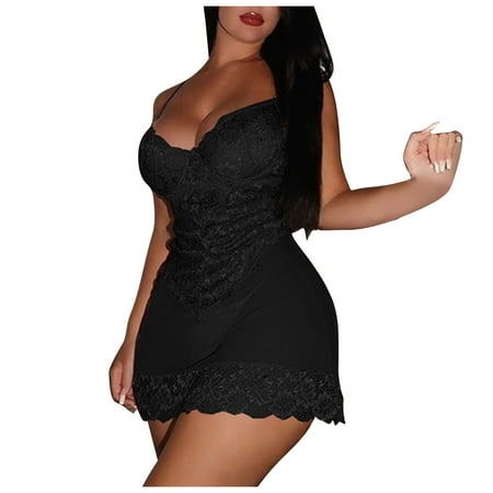 

QWERTYU Women s Sexy Lingerie V Neck Chemise Babydoll Mesh Nightgown Lace Teddy Black M