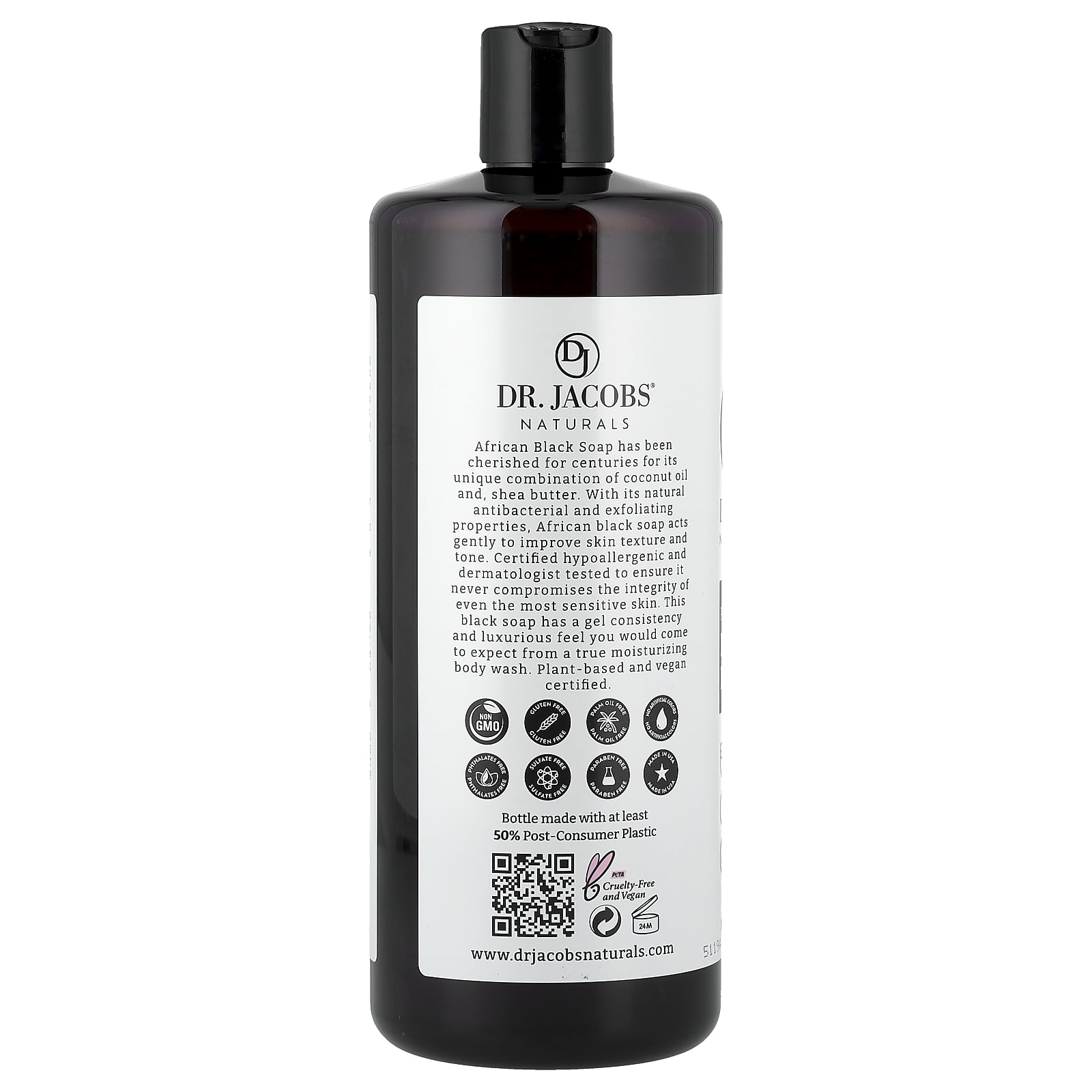 Dr Jacobs Naturals Authentic African Raw Black Soap Body Wash All-In-One Liquid Soap for Face, Body and Hair, 32 Oz.