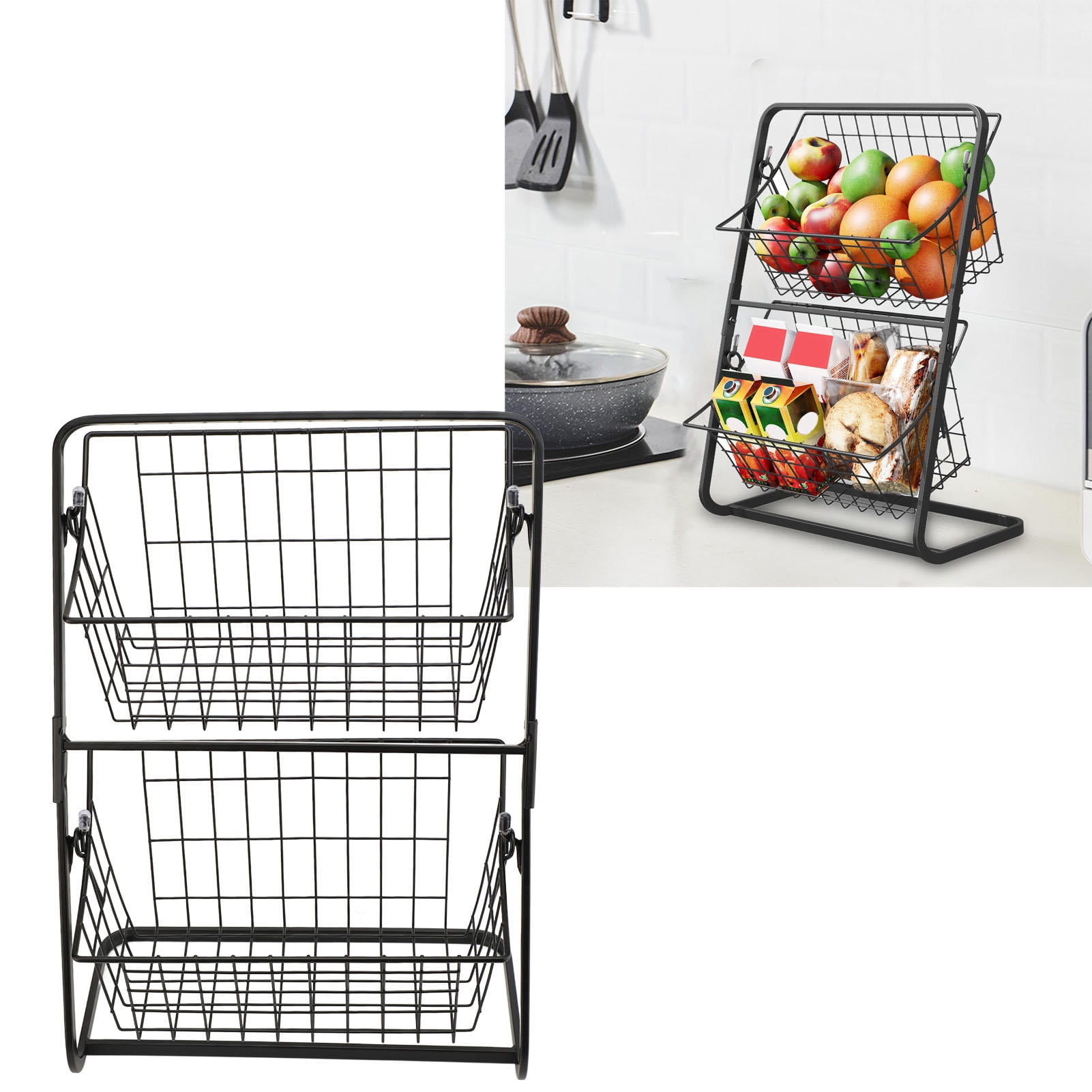 YAHHU Kitchen Fruit Storage Basket Multipurpose Carbon Steel Mesh Hollow Design 2 Tier Fruit Basket Bowl for Kitchen Counter Space Saving Black