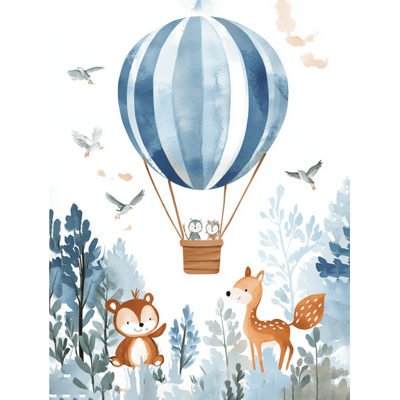 Blue Hot Air Balloon Animals Watercolor Wall Art/Canvas Print， Suitable for Living Room， Bedroom， Nursery， Office， and Kids Room Decoration.