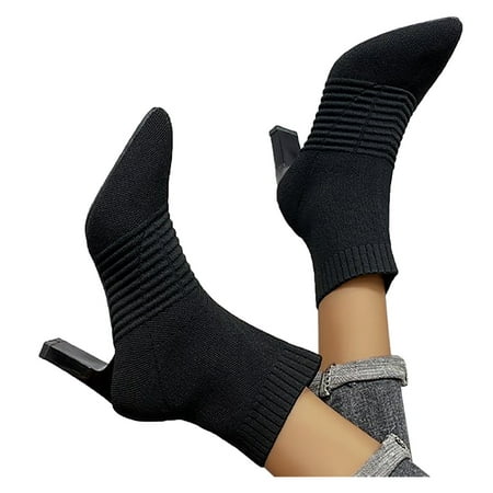 

ZMHEGW Women Boots Stripe Square Printed Toe Slip On High Heel Short Naked Boots Shoes