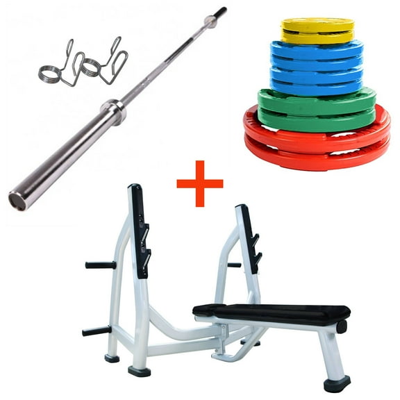 French Fitness Colored Rubber Grip Weight Plate Set w/7 ft Olympic Bar 235 lbs Bench (New)