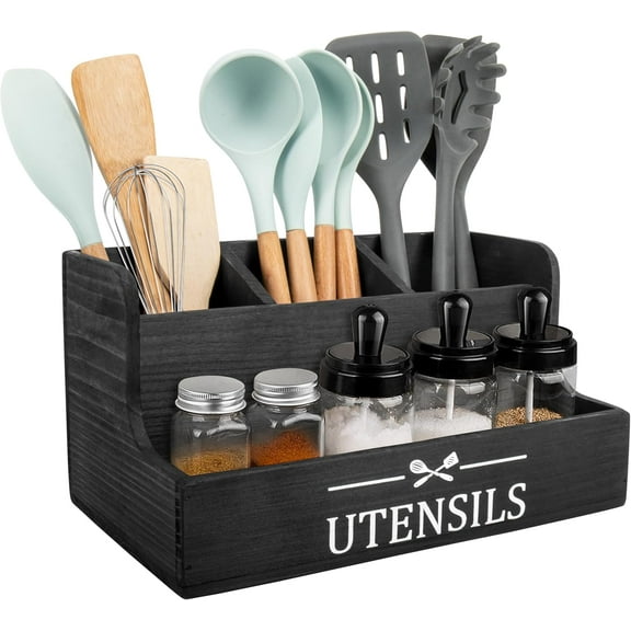 Extra Large Kitchen Utensils Holder 4 Compartments,Wood Utensil Organizer for Kitchen Countertop,Farmhouse Cooking Utensil Holder with Spice Storage space (Black)