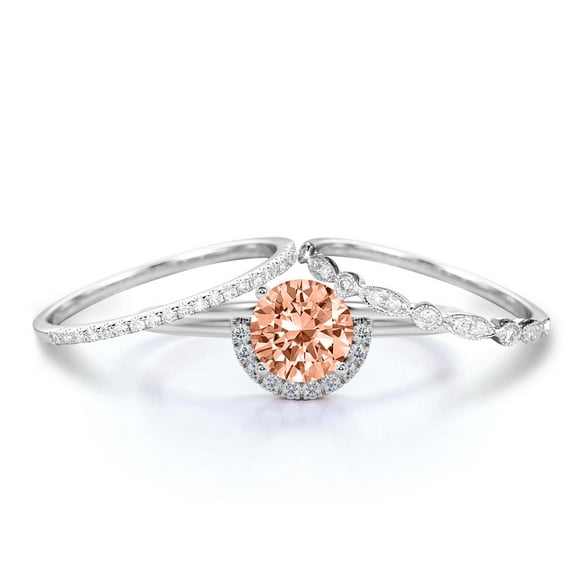 Fairy Minimalist 2.25 Carat Round Cut Morganite And Diamond Moissanite Engagement Ring Wedding Ring, Two Matching Band in 10k Solid White Gold Shank, Gift For Her, Promise Ring, Anniversary, Trio Set