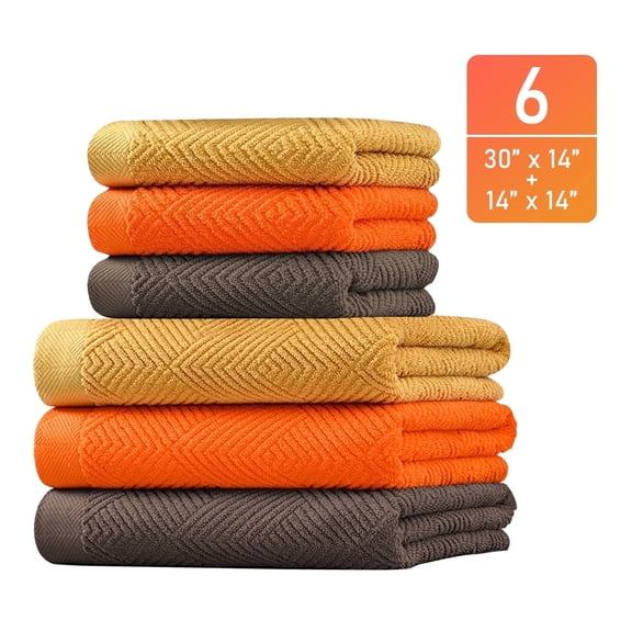 Efoee 6 Pack Kitchen Towels, 100% Cotton,Super Absorbent Kitchen Washcloths, 14" x 14"/30" x 14",Orange&Yellow&Brown
