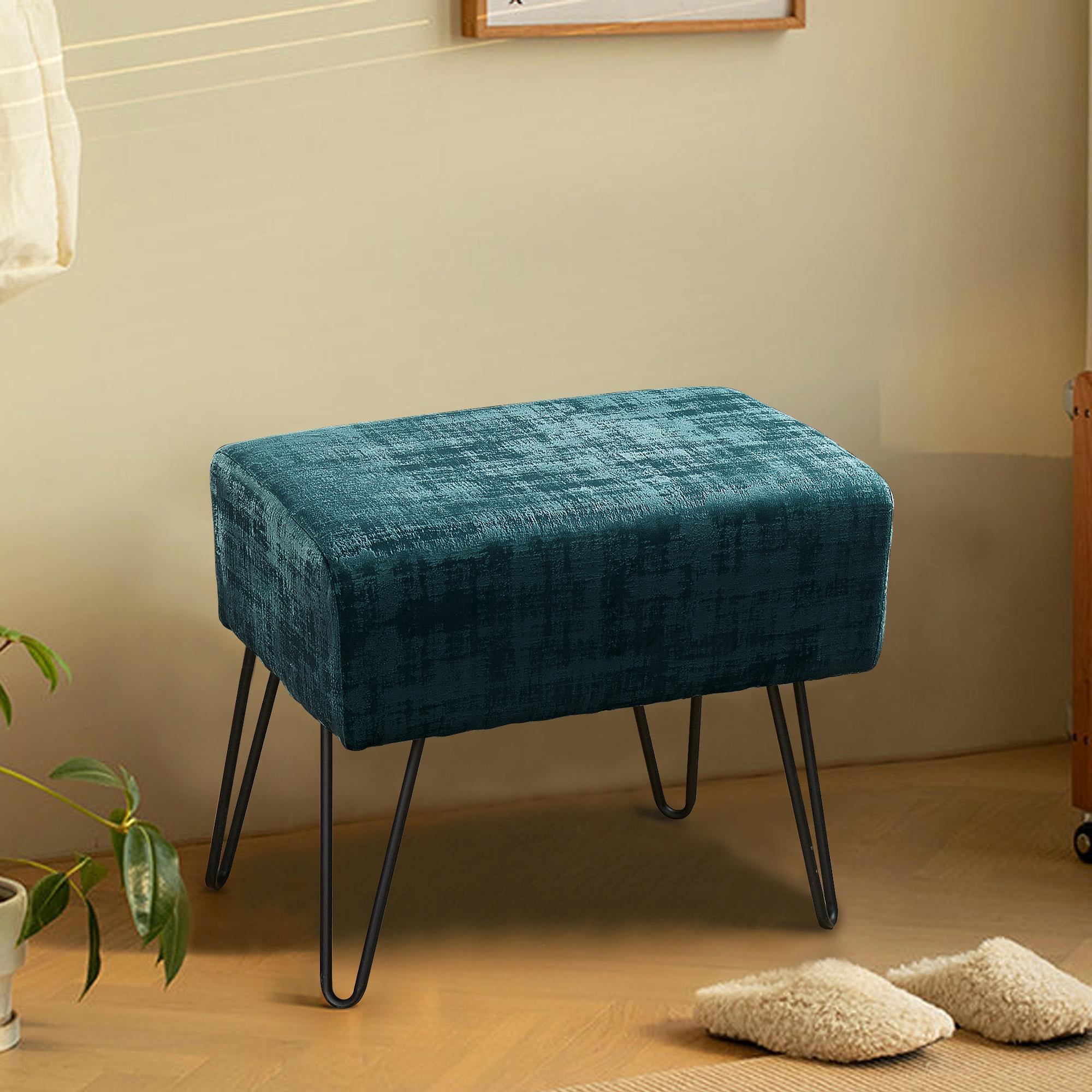 Home Soft Things Textured Velvet Ottoman Stool Chair, Upholstered Footrest with Black Metal Legs, Deep Teal, 19" x 13" x 17"