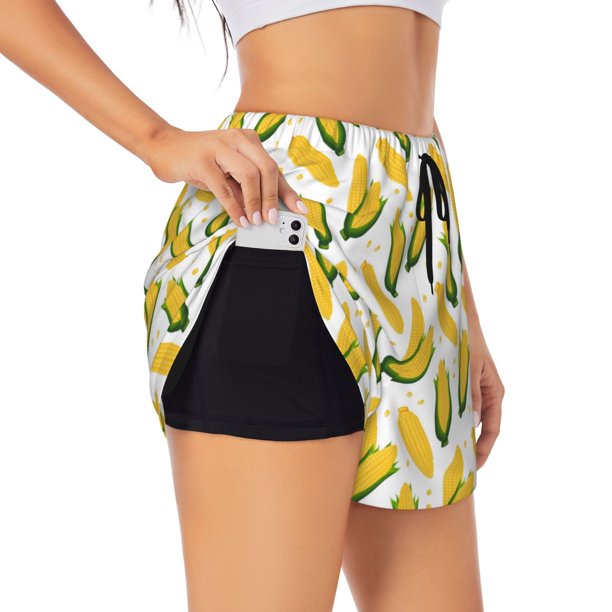 Balery Corn On The Cob Pantalones cortos deportivos para mujer con forro y dos bolsillos, elásticos, para entrenamiento, gimnasio, yoga-Medium