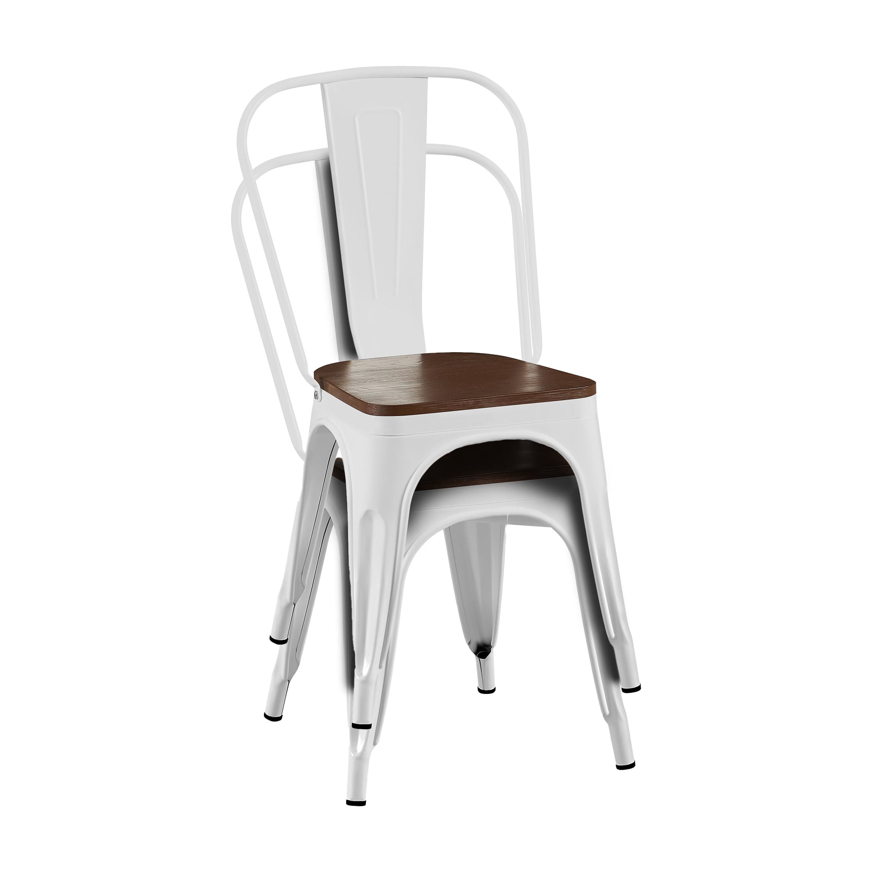 High Gloss White with Walnut Wooden Seat Industrial Metal Dining Chairs 18 Inch Seat Height Stackable, Set of 2