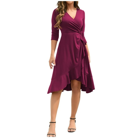 Kaemgyyd Fall Dresses for Women Casual Wrap V Neck 3/4 Sleeve Wedding Guest Dress Belted Ruffle Hem Midi Dress
