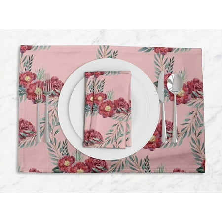 

S4Sassy Pink Leaves & Peony Floral Everyday Washable Placemats With Napkins Dining Table Decor
