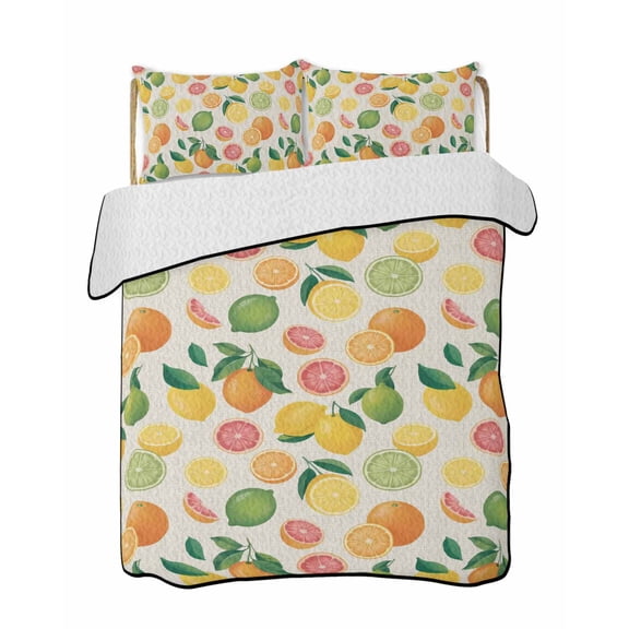 Quilts King Size Bedding Set, Summer Lemon Orange Lightweight Quilted Comforter, Farmhouse Tropical Fruit Rustic Soft Reversible Bedspread Coverlet with Pillow Covers for All Season, 96" x 106"