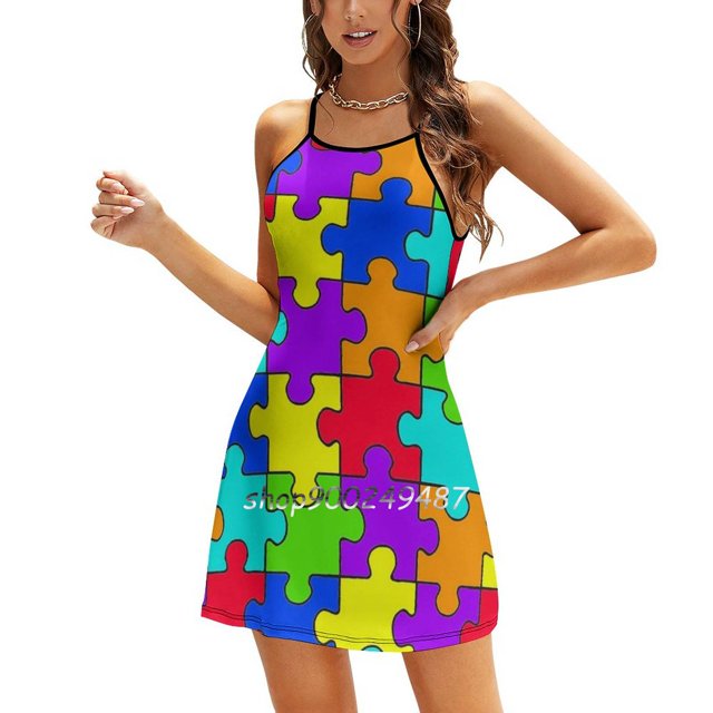 Puzzle Colorful Pattern Sweet Elegant Dress Women Korean Kawaii Square Collar Dress Puzzle Colorful Color Pattern