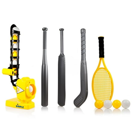 Pro Ice Pitchers Kit - Dimple Power-Pro Kids 4 IN 1 Baseball Pitching Machine with Adjustable Angles - Perfect Sports Training Pitcher for 4 Games - Baseball Cricket Tennis Hockey - Yellow