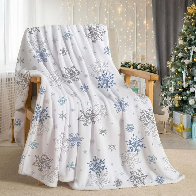 Vaidha Blue Snowflake Christmas Throw Blanket | Soft Warm White Polyester Nap Blanket for Sofa Bed Camping | 51x39 Inches Holiday Gift